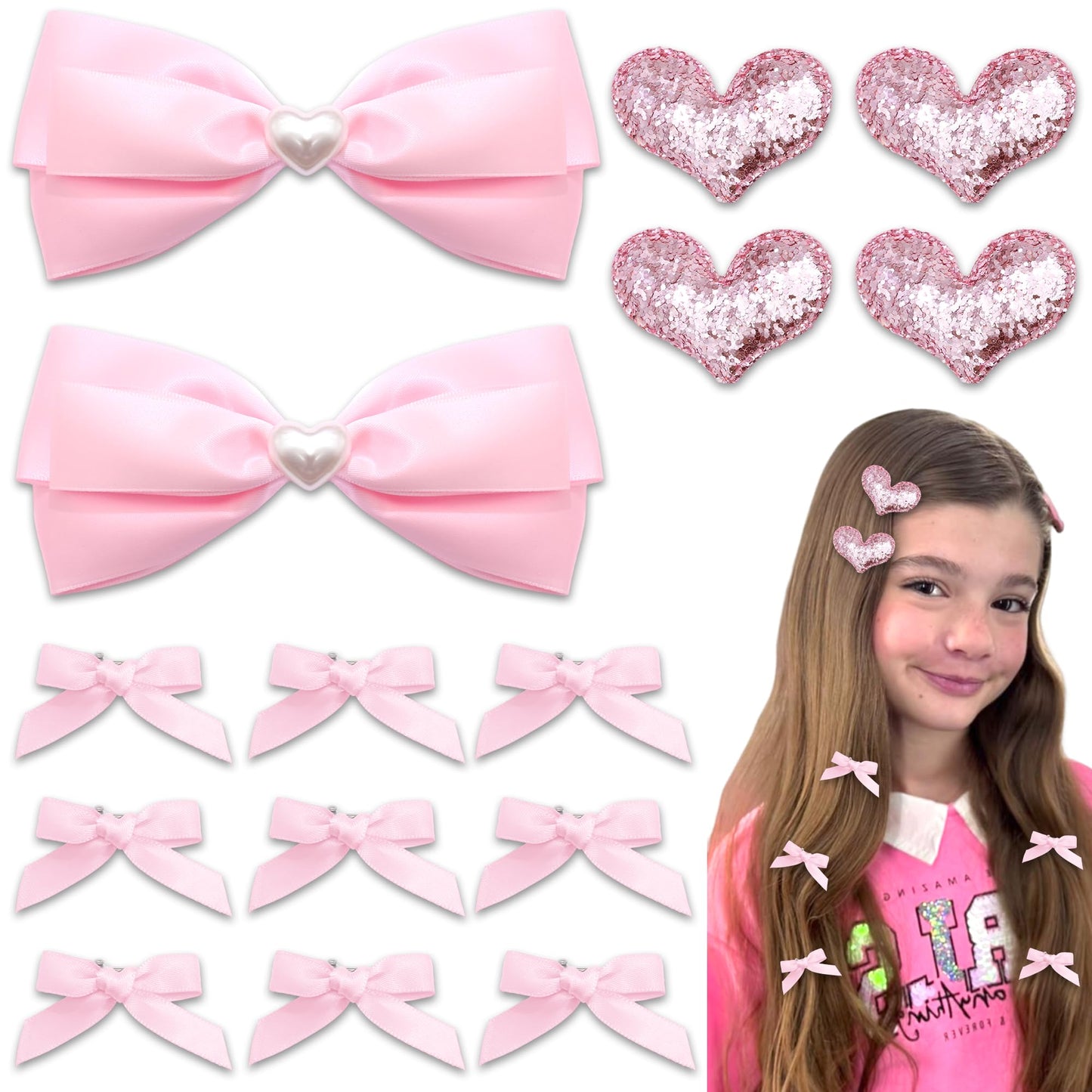 STGDAK Hair Bows Pink Heart Clips Glitter Sequin Bow Clip Mini Heart Hairpin Easter Bowknot Barrettes Satin Ribbon Bows For Girls Easter Basket Stuffers for Girls Gifts