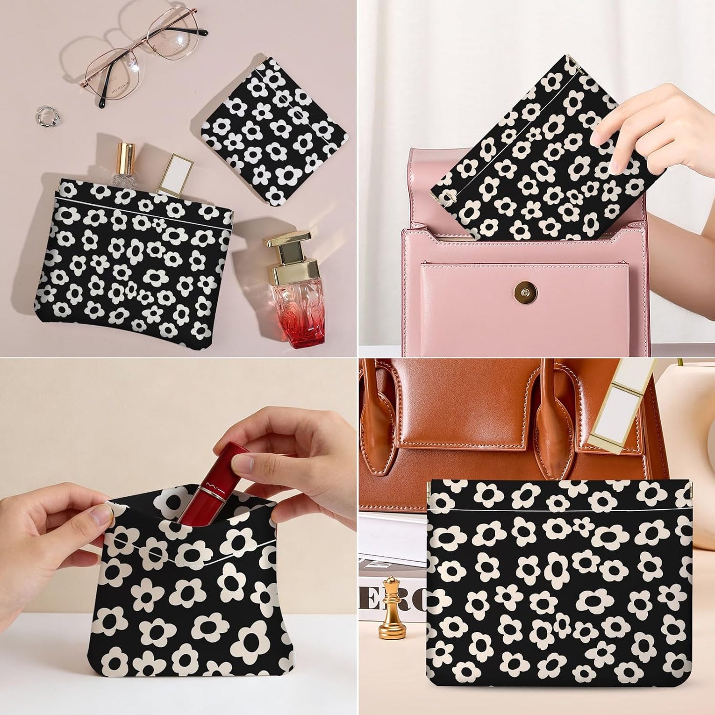 Makeup Bag Set - 2 PCS PU Leather Cosmetic Organizers | Portable Self-Closing Pouches for Travel - Black & Beige Floral