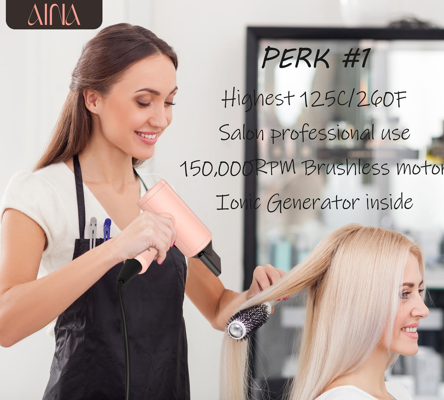 AINA Pro Salon Hair Dryer(New tech),2000W Blow Dryer with Diffuser Comb for Women | BLDC Hair Dryer | Brushless Motor 150,000 RPM | Ionic | LED Display | 4 Magnetic Attachments 110V/ALCI(Baby Pink)