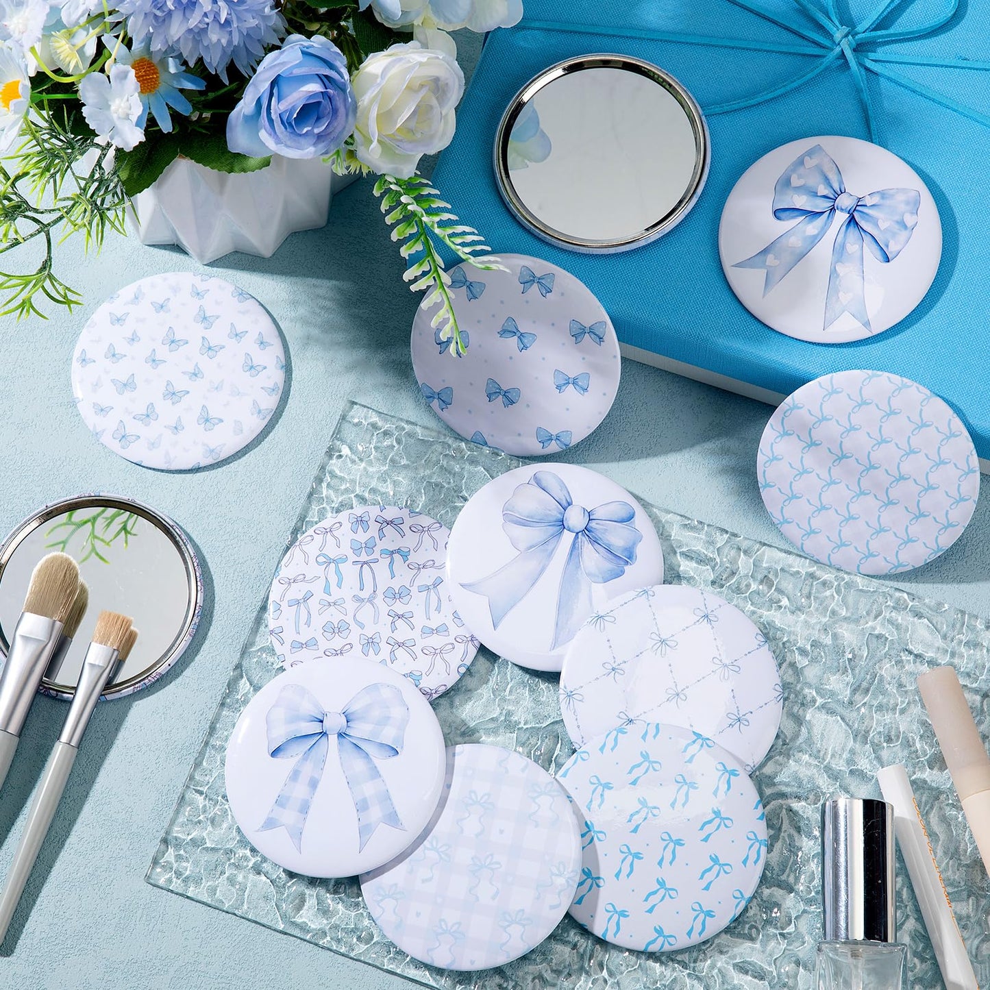 Cinnvoice 12 Pcs Bow Party Favor Gift Mini Compact Mirror,Blue
