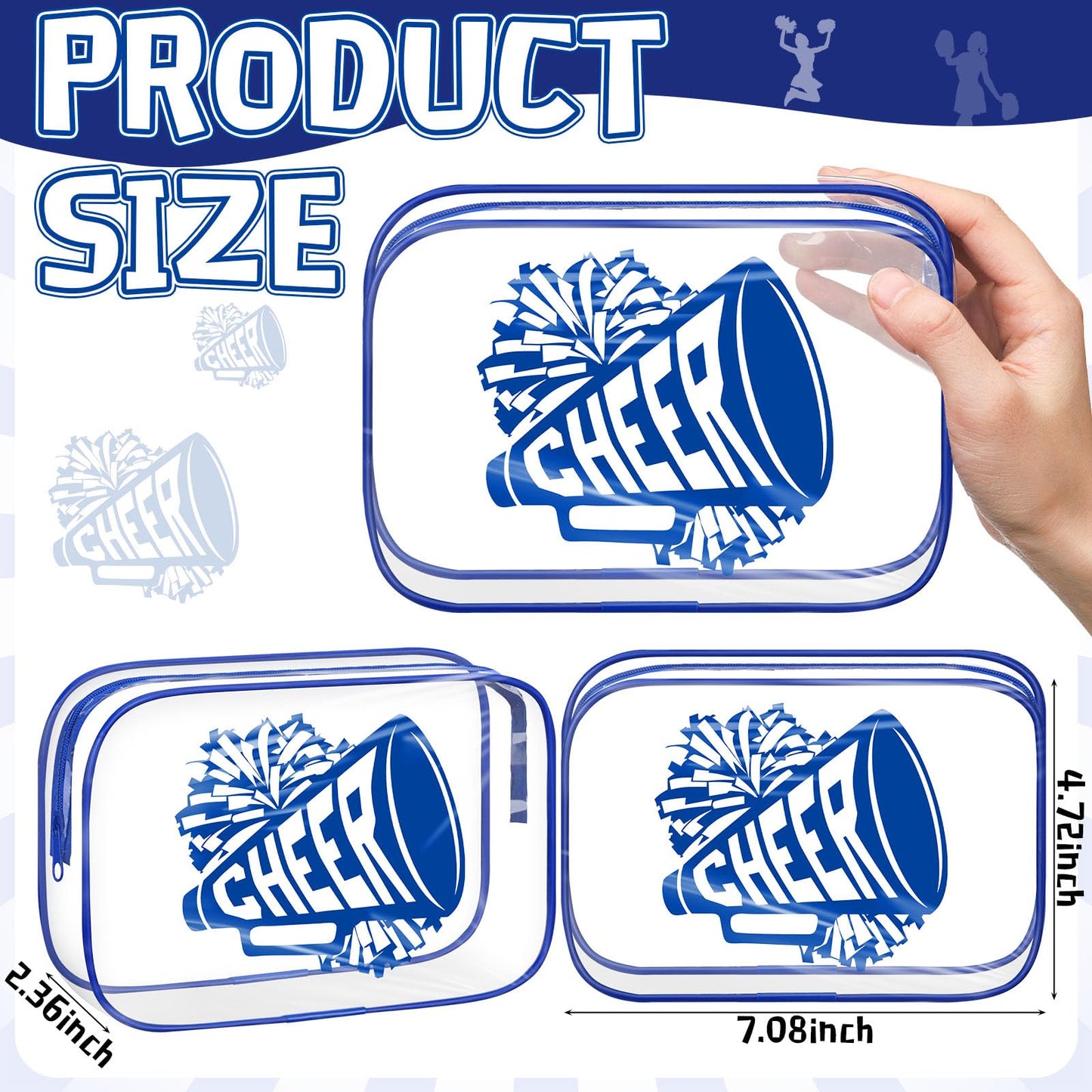 Kacctyen 24 Pcs Cheer Team Gifts Cheer Makeup Bag Bulk for Team Sport Gifts PVC Clear Cosmetic Bag Cheerleader Makeup Case Toiletry Zipper Pouch for Sport Cheerleading, 7x4.7x2.4''(Blue)