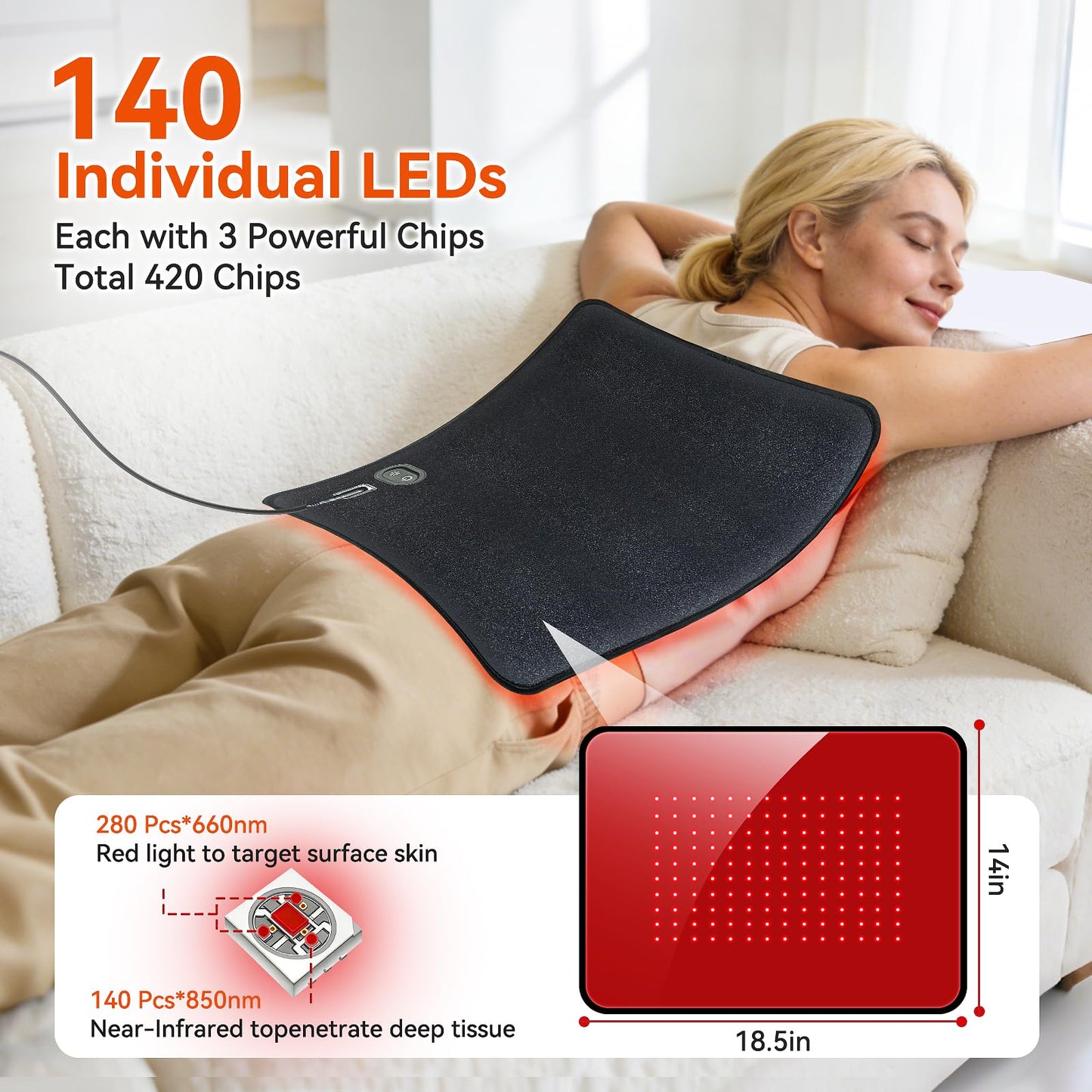 Xefinic Full Body Red Light Therapy Mat with 140 LEDs, 3-in-1 660nm & 850nm TPU Infrared Light Blanket, 18.5" x 14" Foldable Therapy Pad with Timer Controller Pulse Modes for Home Use 24W