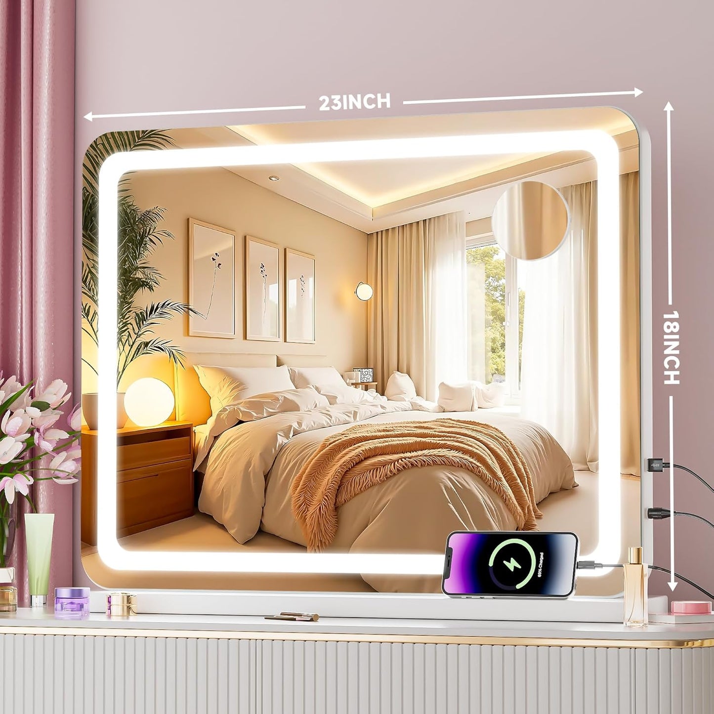 LED Makeup Mirror with Lights - 23" x 18" Dimmable Vanity Mirror | 10X Magnification, Smart Touch, USB Charging