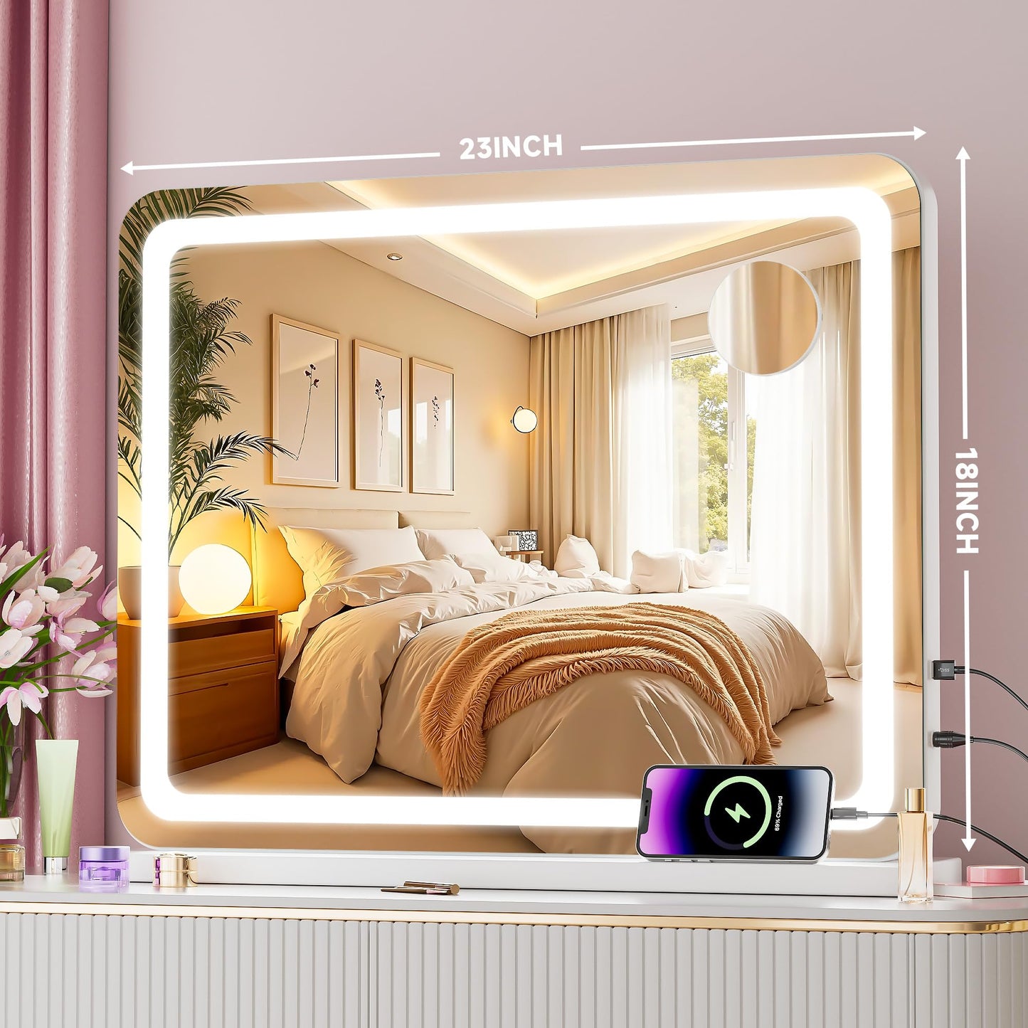Batuso Vanity Mirror with Lights, 23" x 18" LED Makeup Mirror with 10X Magnification, Dimmable 3 Modes, Memory Function, Smart Touch, USB Charging Port, Lighted Makeup Mirror Round White