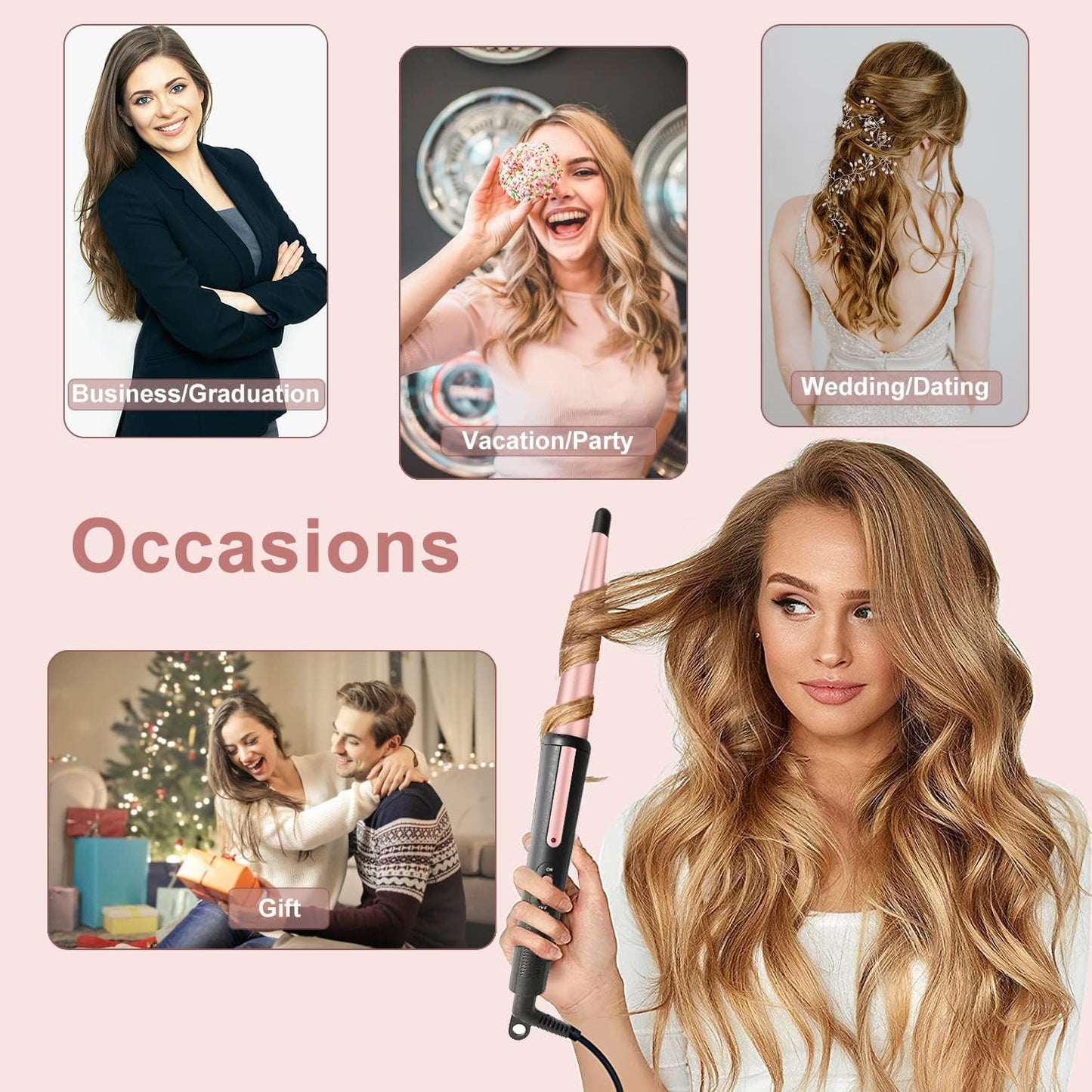 Professional Hair Curling Wand - 0.5-1 Inch Tapered Ceramic Curler with Heat-Resistant Glove | Dual Voltage Pink