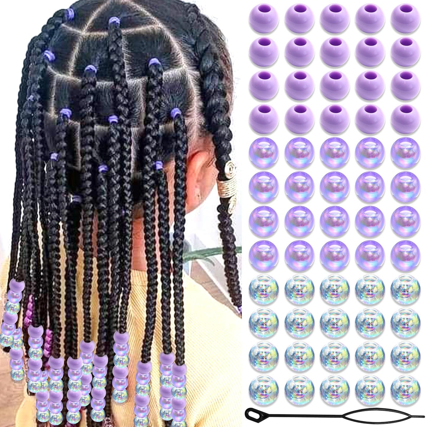 NAISKA 60Pcs Purple Hair Beads for Kids Girls Acrylic Beads for Hair White Clear Cute Bead for Braids Small Pony Beaded Hair Clips Toddler Dreadlock Bead Braid Clips Accessories for Women