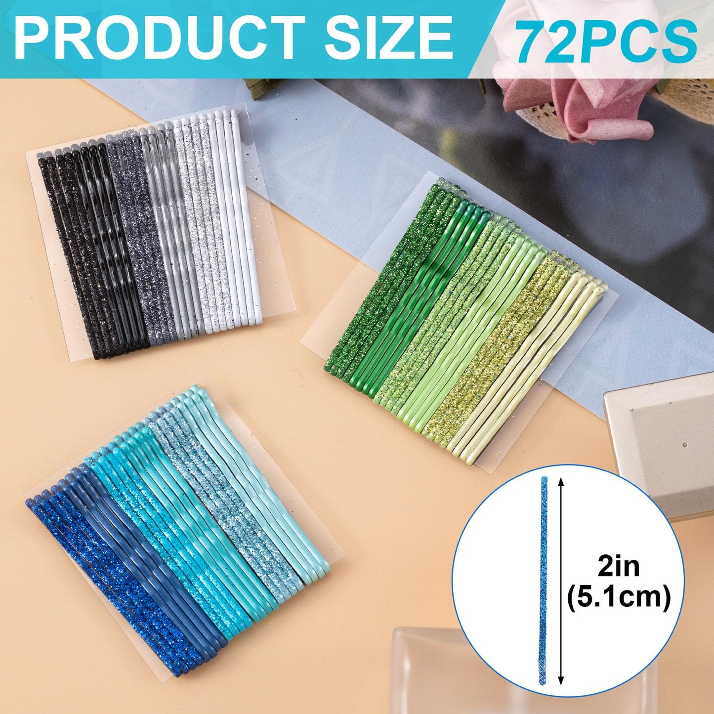 ANCIRS 72pcs Glitter Bobby Pins for Women, Black & Blue & Green Series