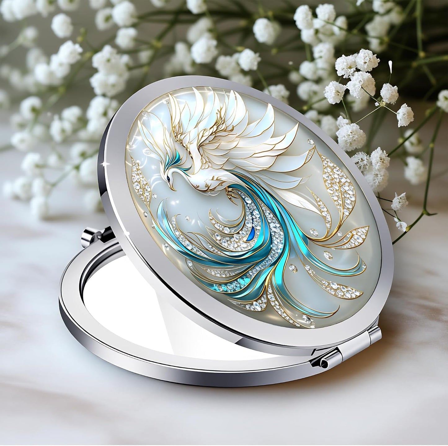 Compact Double-Sided Makeup Mirror - Silver Folding Design with Blue Lotus Moon | 2.8x2.8 Inch Gift for Women