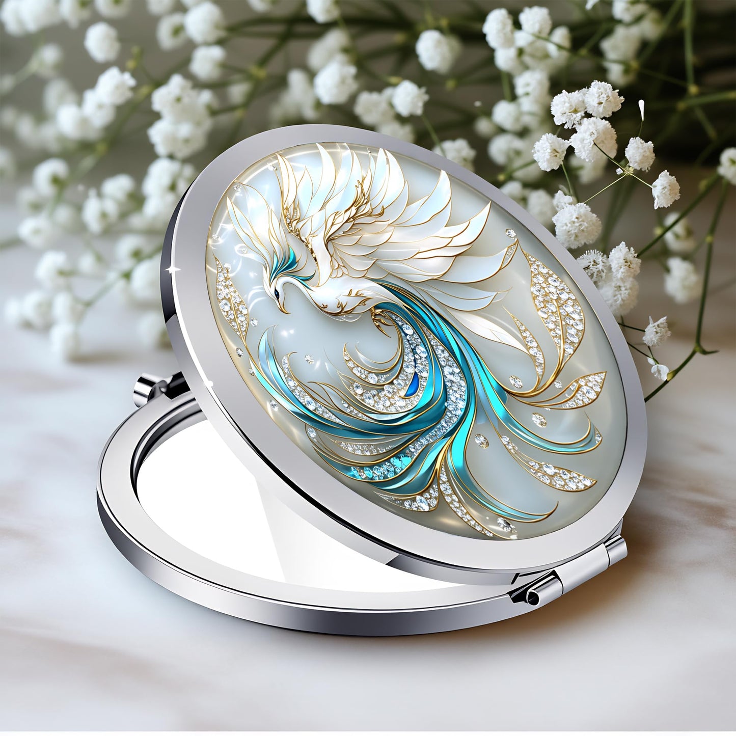 Silver Compact Mirror, 2.8x2.8inch Double-Sided Folding Makeup Mirror with White Phoenix Design, Ideal Gift for Women