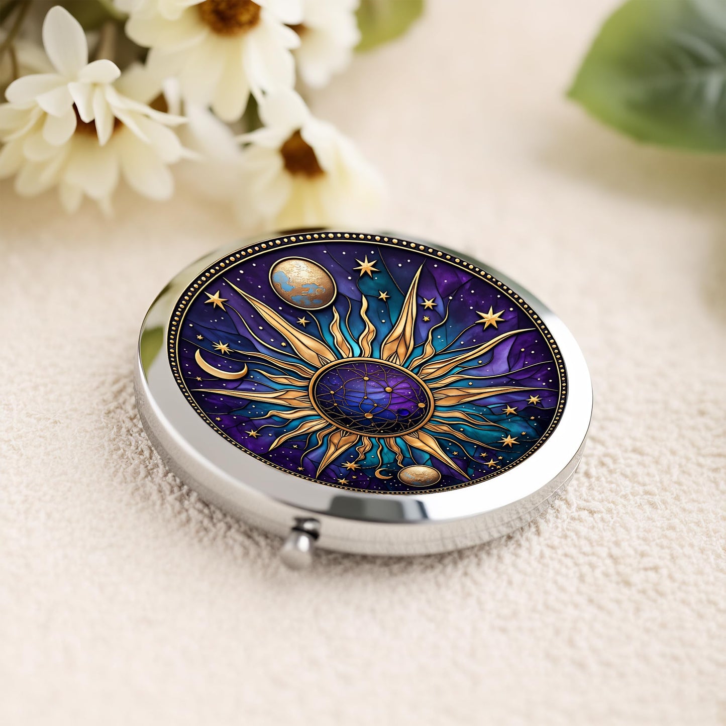 Silver Compact Mirror, 2.8x2.8inch Double-Sided Folding Makeup Mirror with Purple Sun Moon Design, Ideal Gift for Women