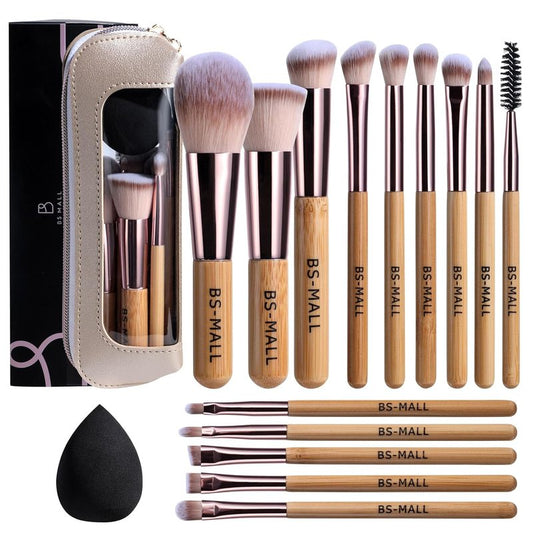 14 Pcs Makeup Brushes Set - Essential Foundation, Powder, Concealer & Eye Shadow Brushes with Travel Case | Bamboo