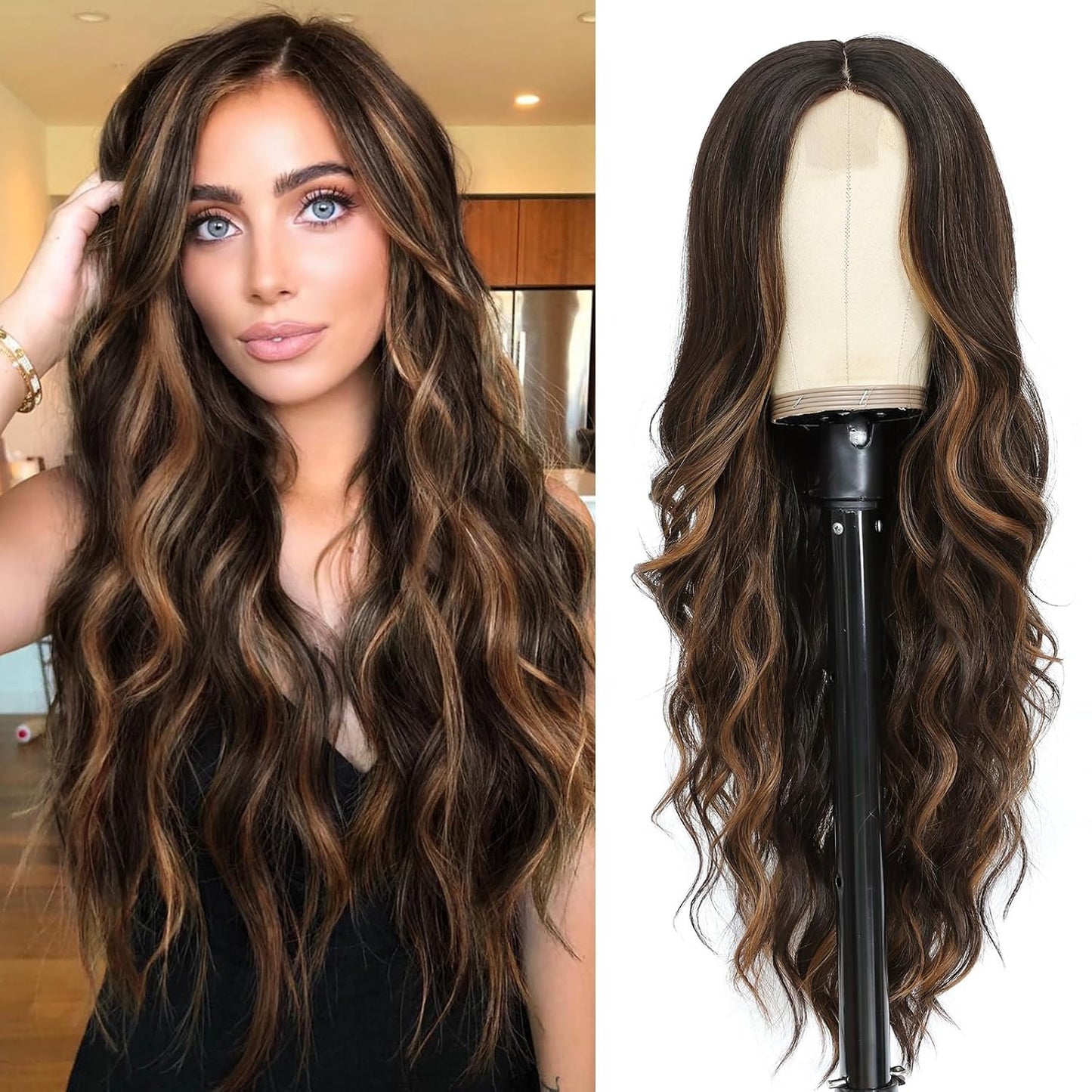NAYOO Brown Wigs for Women - Long Curly Wavy Hair | Heat Resistant Synthetic Fiber, 24 Inches