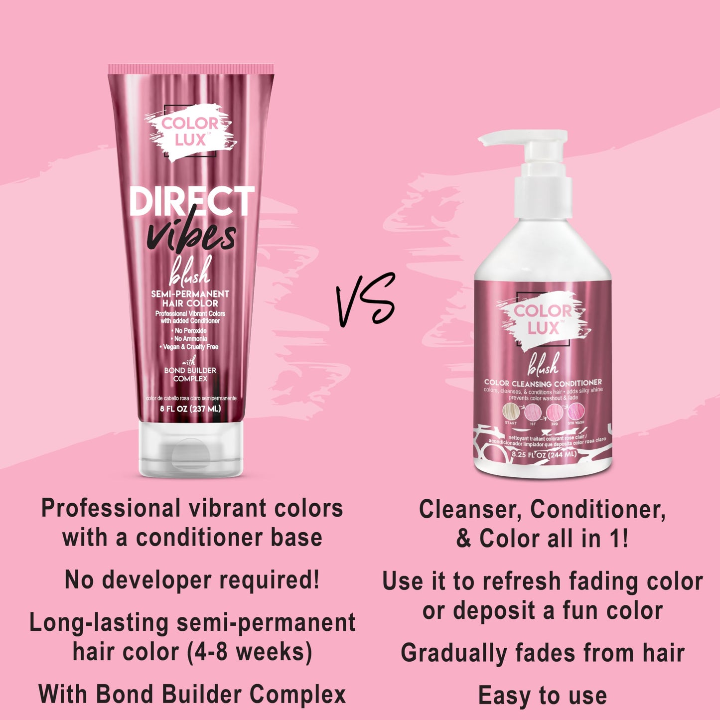 Color Lux Direct Vibes Semi-Permanent Hair Color, Blush, Vibrant & Long-Lasting Shade, Ammonia-Free, Vegan, Sulfate-Free, Paraben-Free, 8 fl oz