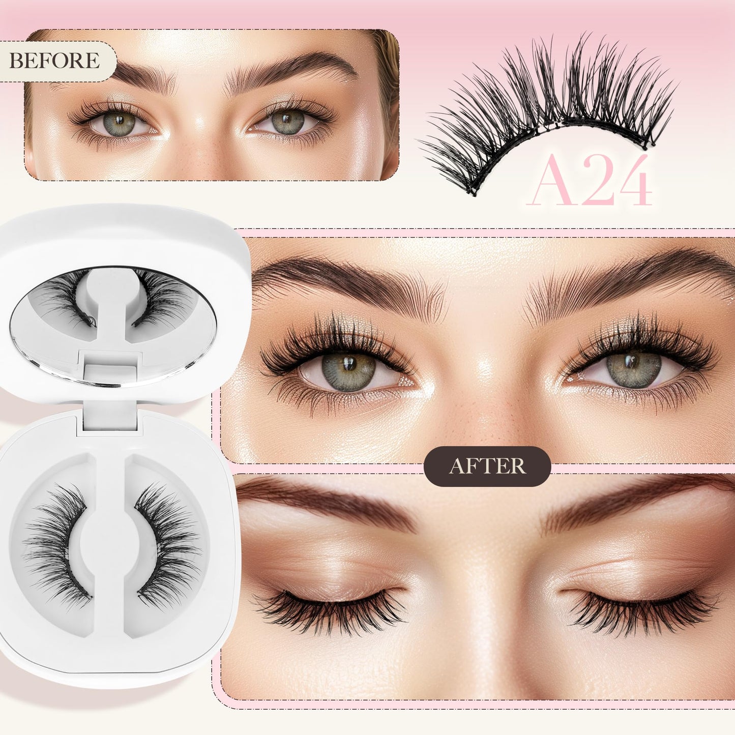 LASHVIEW Upgrade Magnetic Eyelashes with Applicator,Reusable Soft Magnetic Eyelashes Natural Look, No Glue Needed,Easy to Wear and Remove,RC24P（Dark Brown）