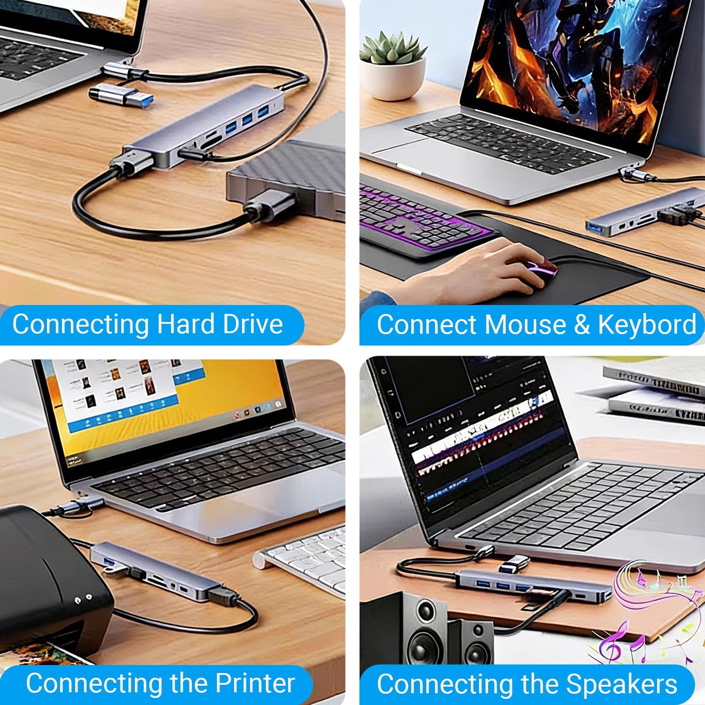 USB C Hub 3.0 Multiport Adapter with SD Card Reader Audio Jack 8 in 1 USB Extender Adapter for USB-C Laptops PC Tablet, 8in1
