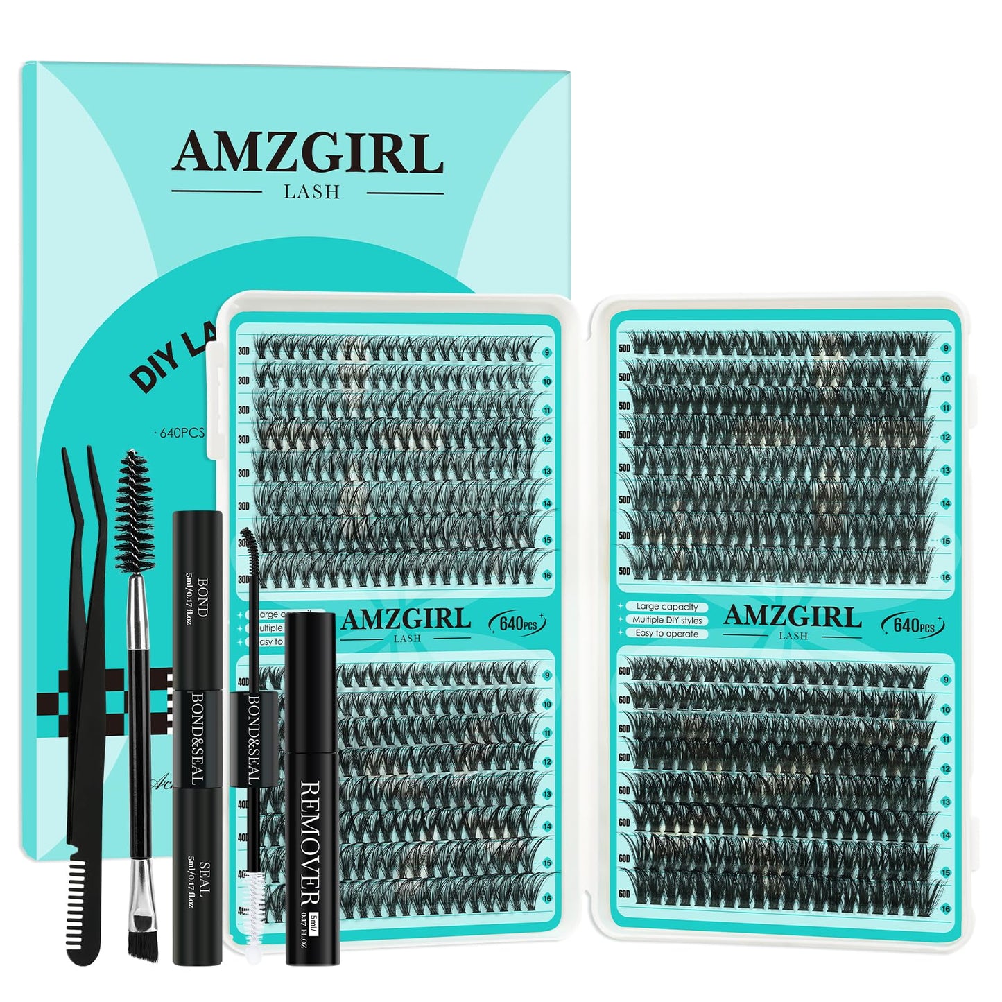 Lash Clusters Kit 640Pcs, Eyelash Clusters Extensions Kit 30D+40D+50D+60D, Lash Bond and Seal Waterproof, Lash Remover and Tweezers and Function Brush for DIY Lash Extension Kit(D-Mix9-16mm Kit)