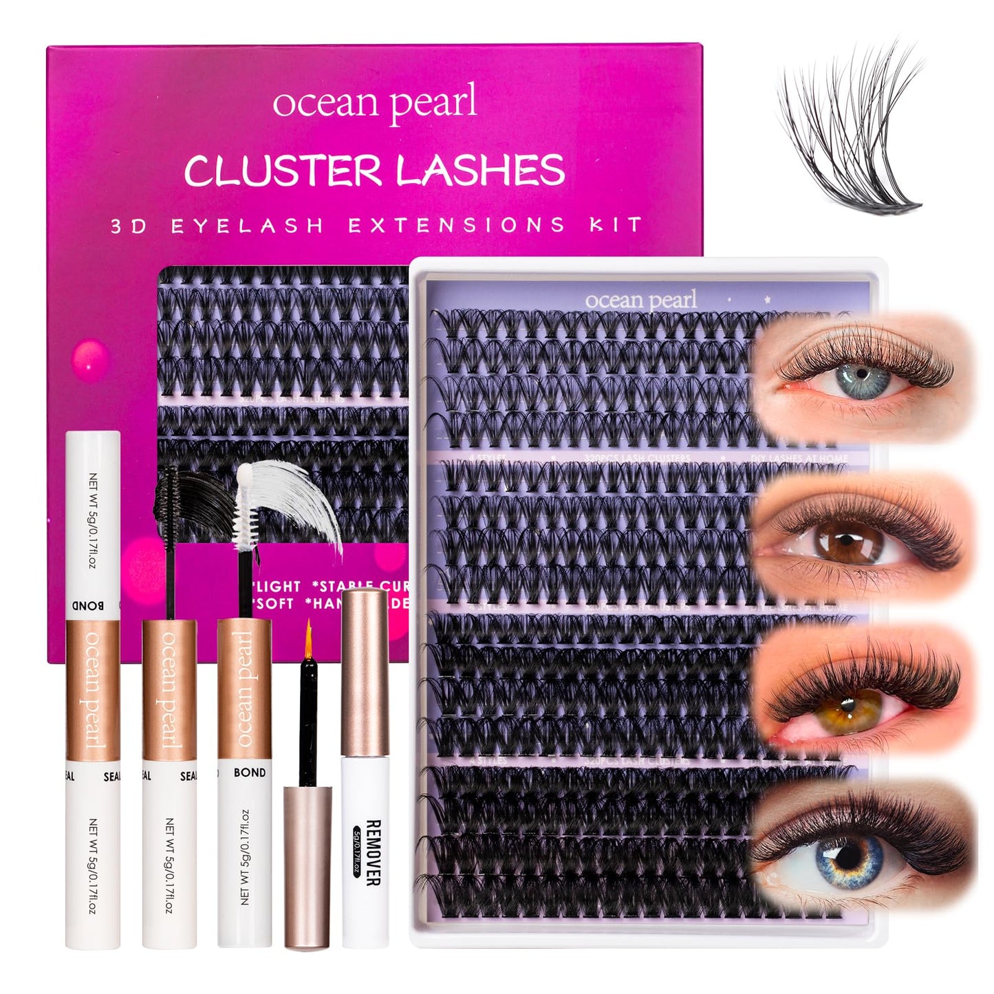 Ocean Pearl Lash Clusters 320PCS 12-20MM 30D+40D+80D+100D Lash Extension Kit Lashes Clusters Eyelashes Cluster Eyelash Extensions Thick Individual Lashes Kit with Lash bond&seal&remover&tweezer-4