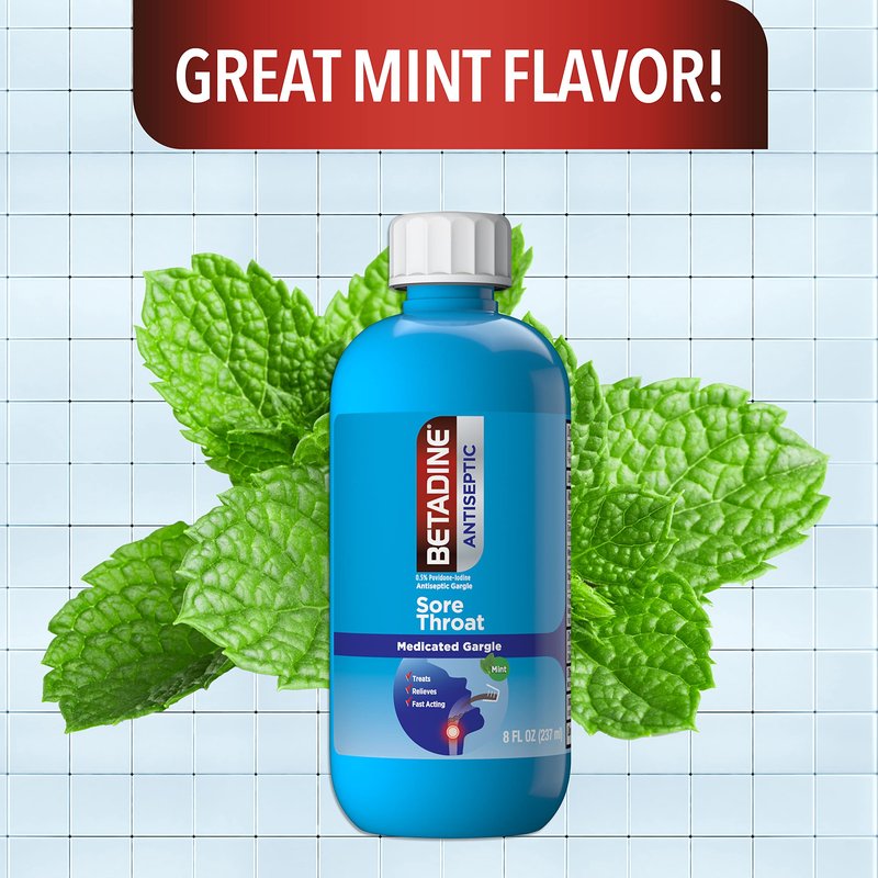 Betadine Sore Throat Relief Gargle, 8 Oz, Fast Acting Antiseptic with Povidone-Iodine 0.5%, Sore Throat Medicine, Mint Flavor
