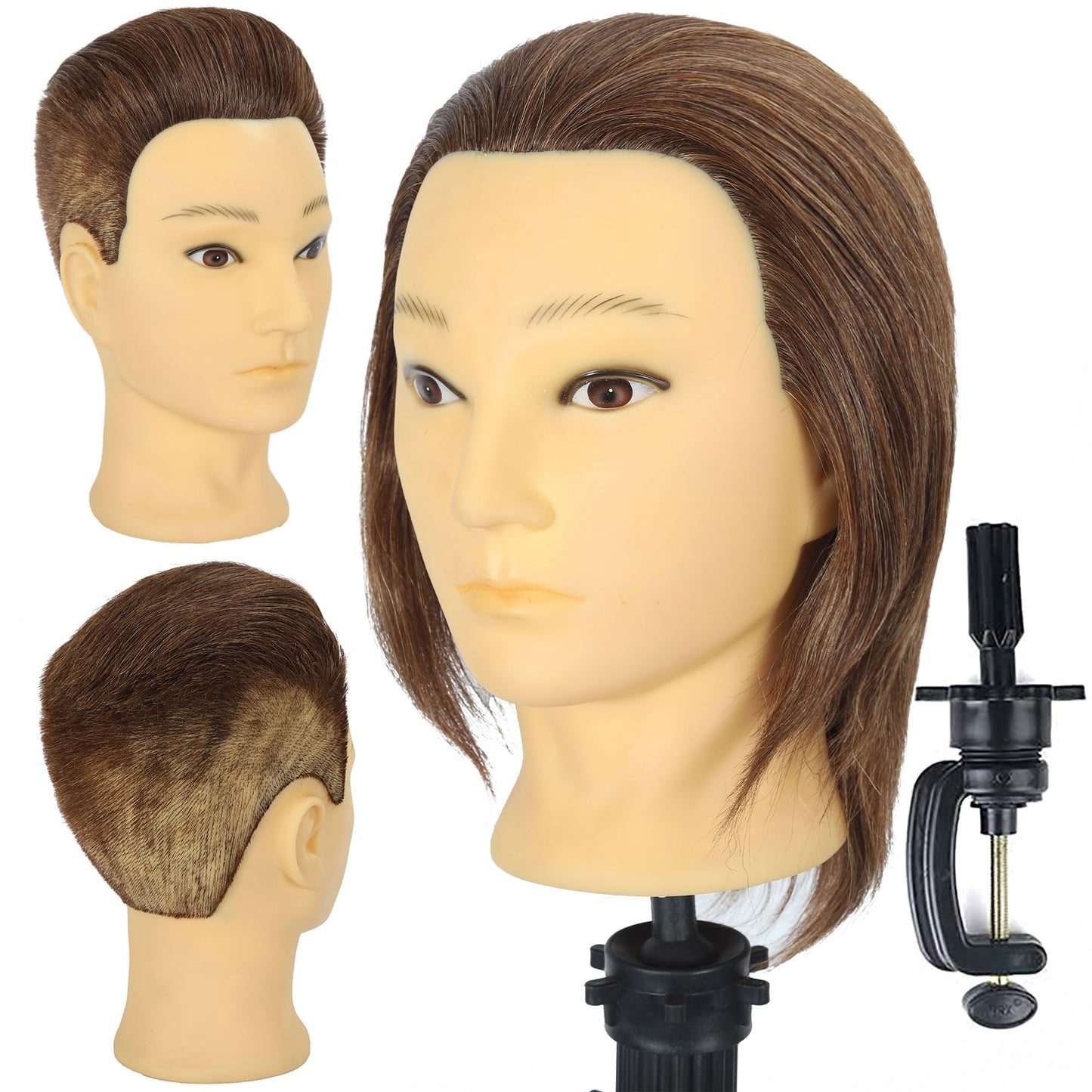 TKIMHEQ Male Mannequin Head with Beard 100% Human Hair Haircut Training Head for Cosmetology Straight Thick Hair Manikin Head Doll Head with Stand Practice Cutting Styling