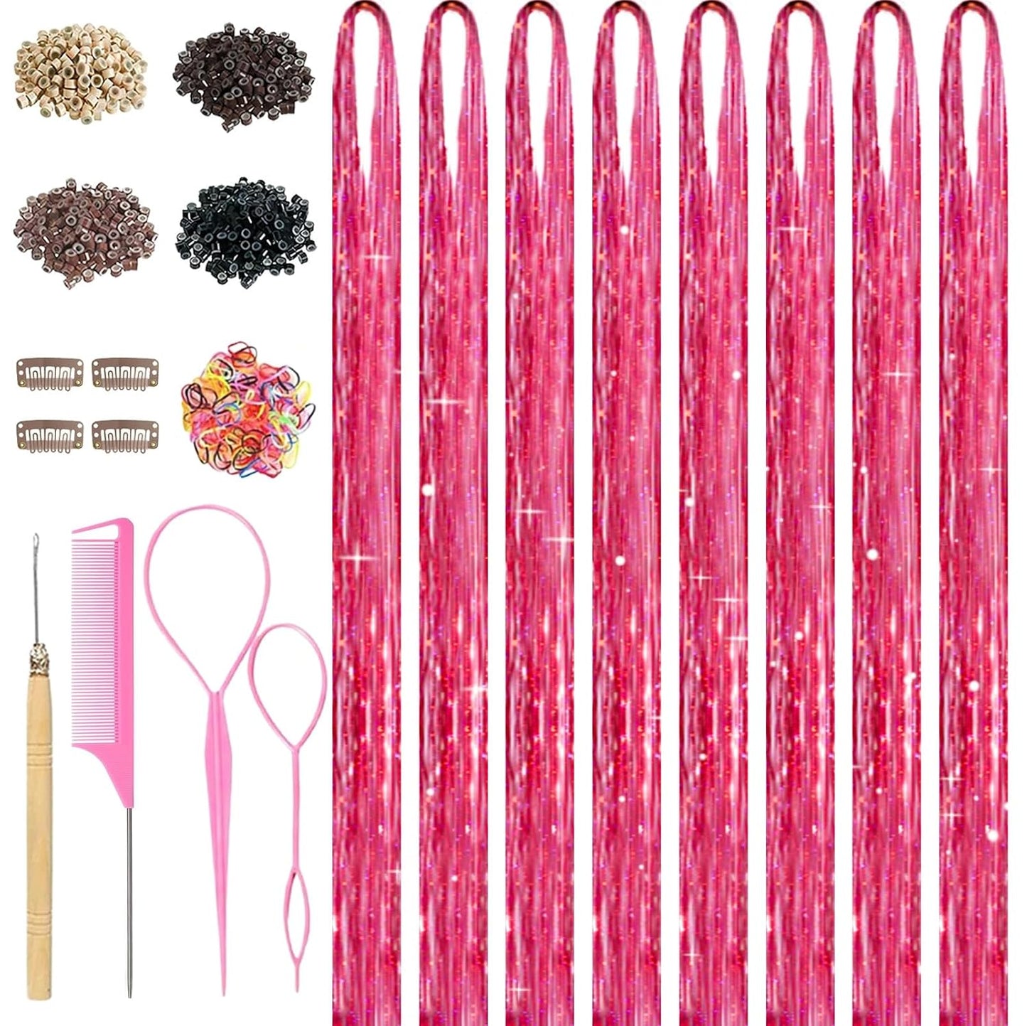 Pink Hair Tinsel Kit - 8 Pcs 48-Inch Glitter Strands for Girls & Women | Hair Accessories for Parties & Festivals