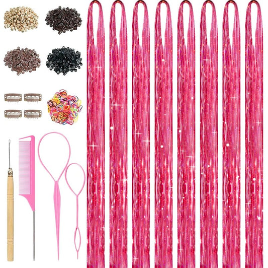 Rose Red Hair Tinsel, 8 Pcs Fairy Hair Tinsel Kit for Girls Women 48 Inch 3200 Strands with Tools Hair Accessories Glitter Tinsel Hair Extensions for Party Festival Christmas (Rose Red)