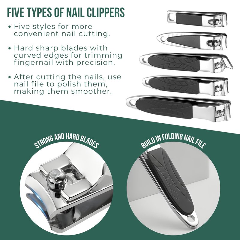 Kozaare: Nail Clippers Set Fingernail and Toenail Clipper Cutters for Men and Women, Professional Manicure Pedicure Grooming Kit, 40 Pieces Stainless Steel Nail Care Tools Travel Case (Green)