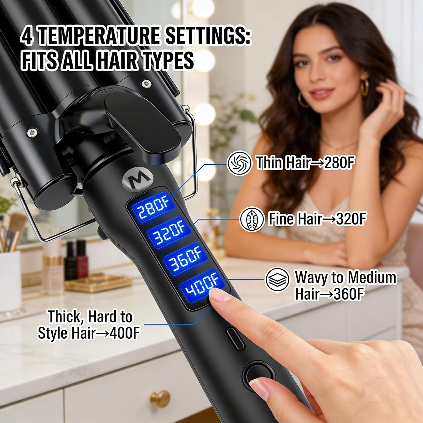 3 Barrel Curling Iron - 1 Inch Ceramic Tourmaline Hair Waver Wand with LCD Display | Fast Heating, Travel-Friendly, Black