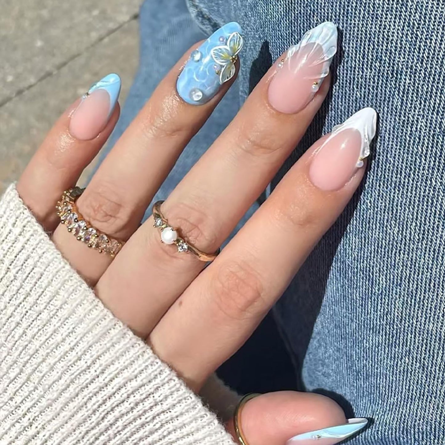 3D Flower Press-On Nails - Medium Square Pink French Tip with Star Rhinestones | Full Cover Artificial Nails for Women