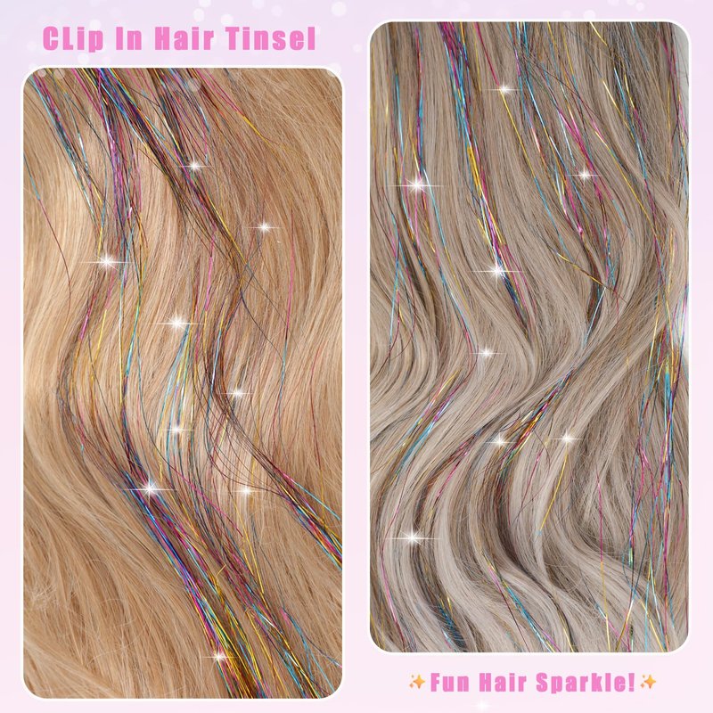 Hair Tinsel Extensions - 18 Pcs 20.5 Inch Glitter Clips | Shiny Rainbow Fairy Hair Accessories for Kids & Women