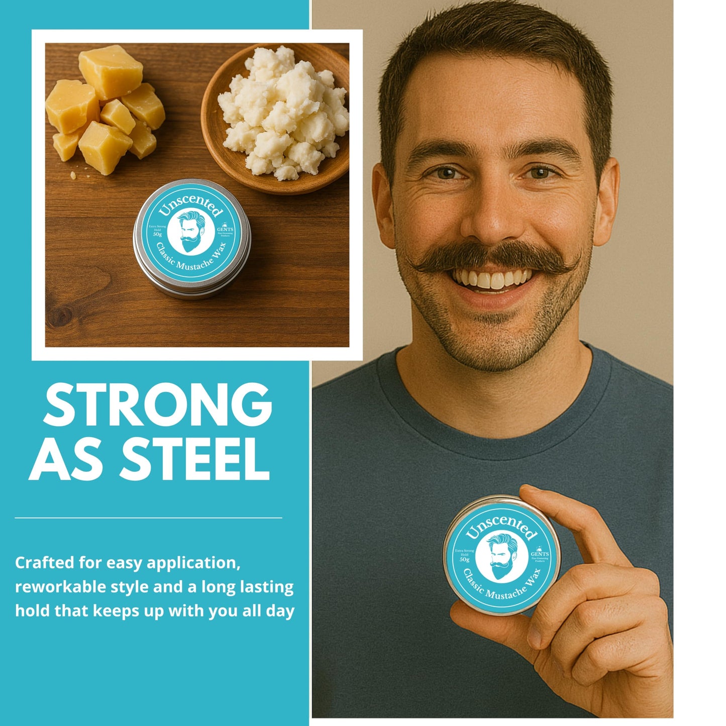G.B.S Strong Hold Unscented Mustache Wax, Easy Application, Restyleable, long lasting hold with Styling Comb (1.7 oz) (Pack of 1, Unscented)