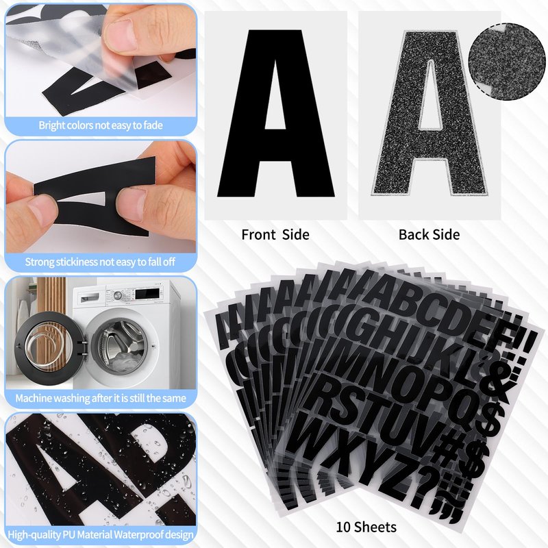10 Sheets 440 Pieces Iron on Letters for Clothing, 2 Inch Heat Transfer Letters, Black Iron on Vinyl Letters with A-Z PU Alphabets Sticker for Fabric, Jersey T-Shirt Printing DIY Craft