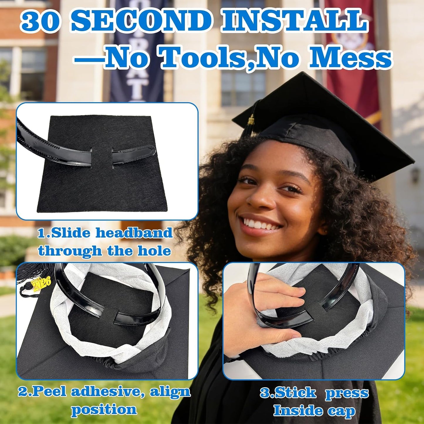 Graduation Cap Headband - Secure Fit Holder for Hairstyle | Class of 2026 Accessory