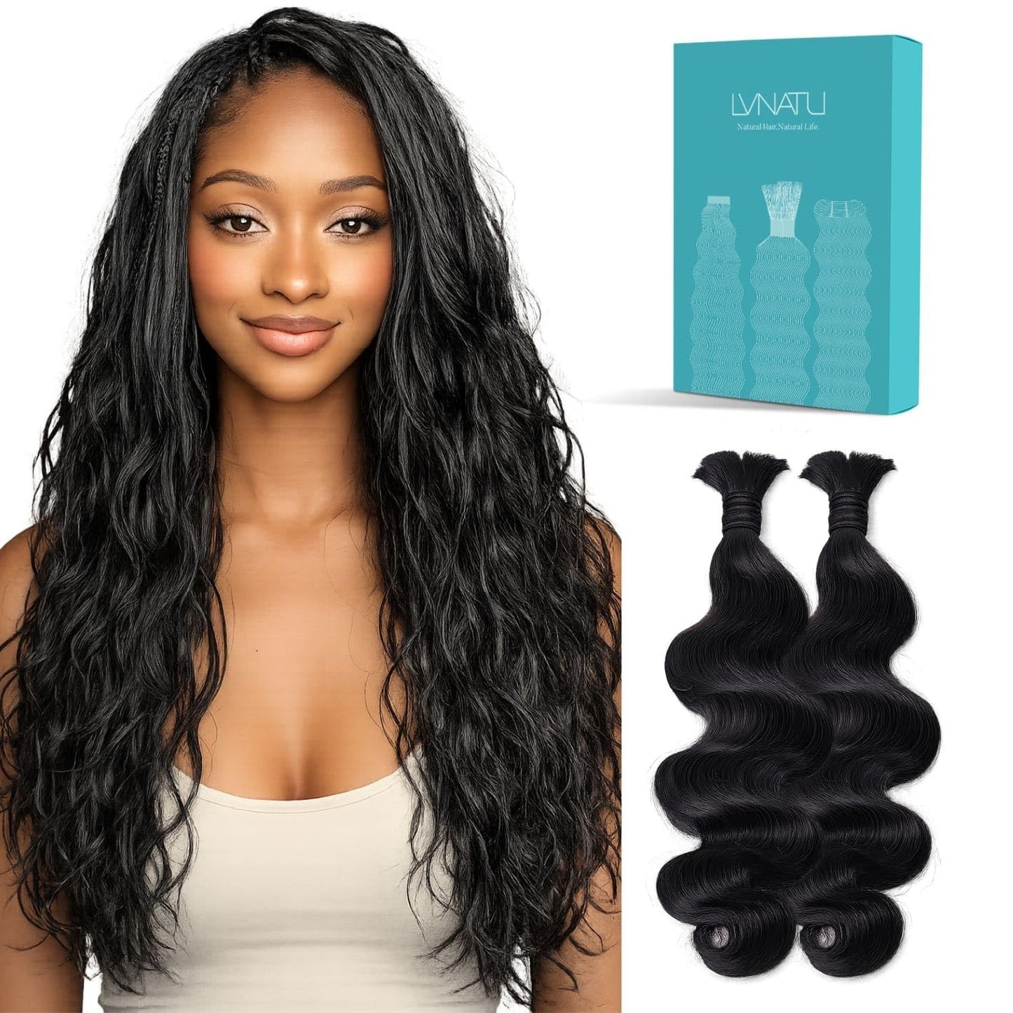 Body Wave Boho Human Hair Braiding - Easy to Style Knotless Braids, 2 Bundles, 100g, 22 Inch, Jet Black