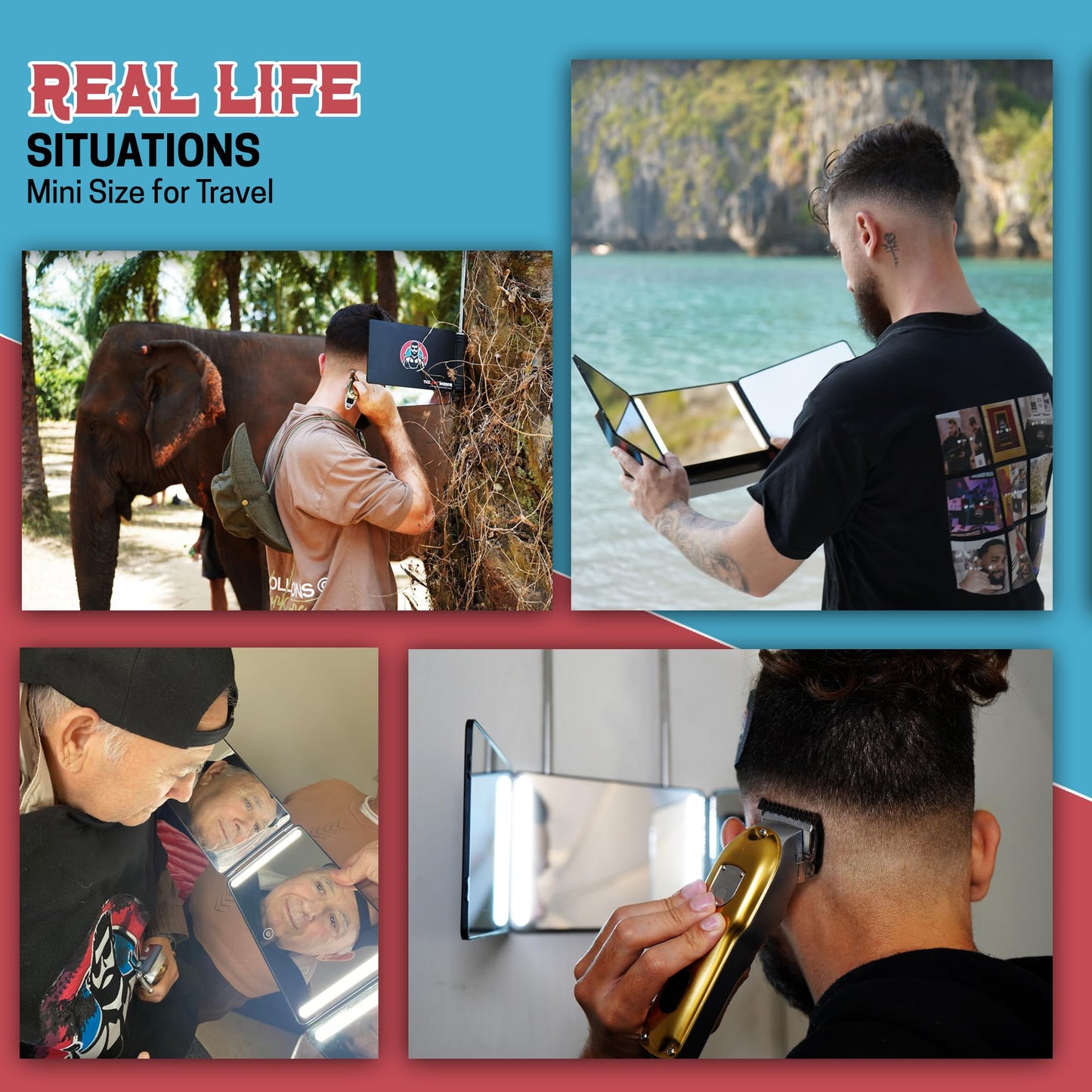 The 360 Mirror - 3 Way Mirror for Self Hair Cutting - Adjutable Trifold Barber Mirro to Cut Your Own Hair - Tri Fold Self Haircut System - Three Sided Mirro for Haircuts (Black - Mini LED version)