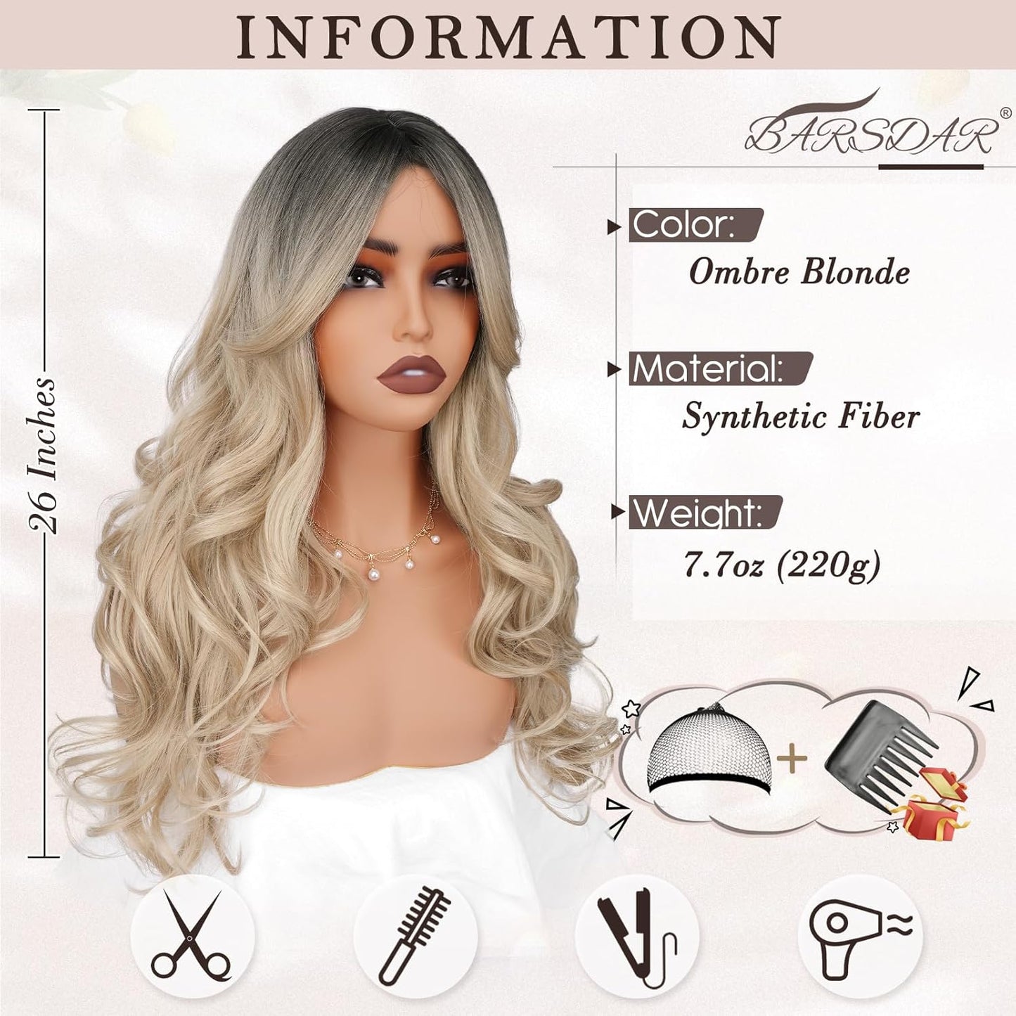 Long Wavy Blonde Curtain Bangs Wig - 26" Synthetic Ombre Wig with Dark Roots | Soft Natural Look