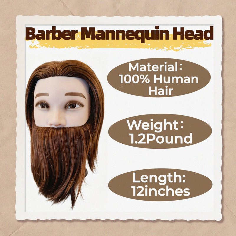 Czrleaty Mannequin Head Human Hair for Hair Styling, Barber Mannequin Head Male with 100% Human Hair and Beard Cosmetology Training Manikin Head for Hair Cutting