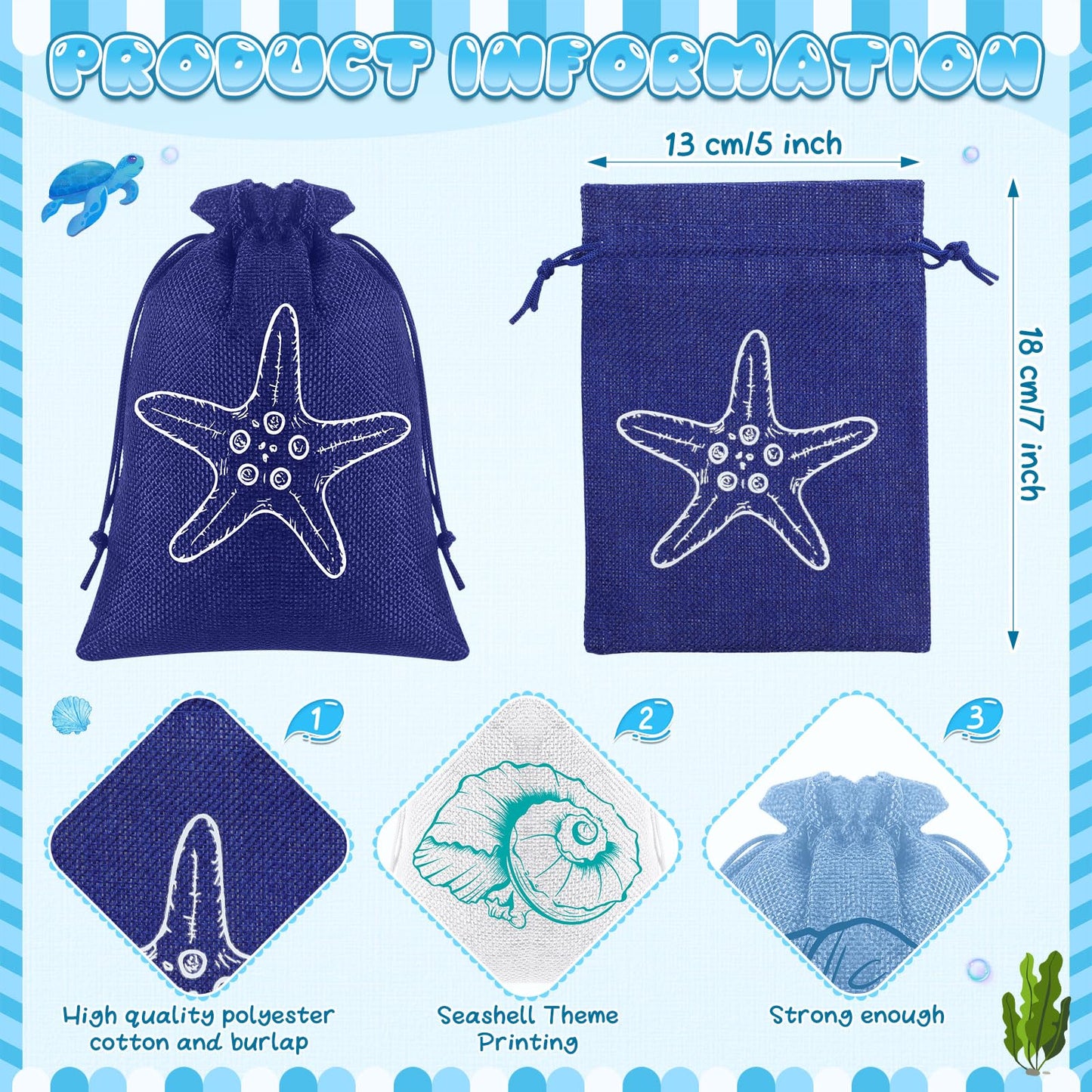 Abbylike 24 Pcs Blue Beach Seashell Burlap Gift Bags Bulk 5 x 7 Inch Starfish Conch Scallop Party Favors Coastal Reusable Drawstring Goodie Bags for Ocean Under The Sea Wedding Party Decor Supplies
