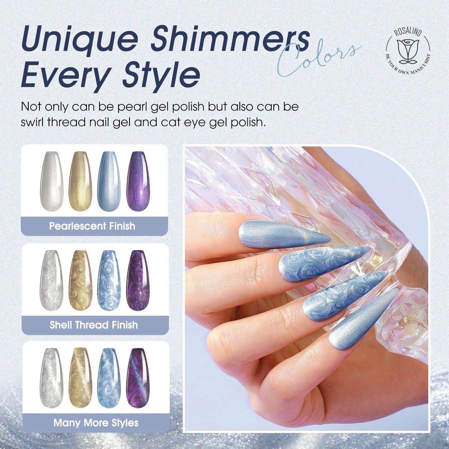 ROSALIND Cat Eye Gel Nail Polish with Magnet, 12 PCS Holographic Glitter Purple Blue Red Gel Polish Magnetic and Swirl Shell Thread Effect Sparkle Nail Polish Cateye Gifts for Women