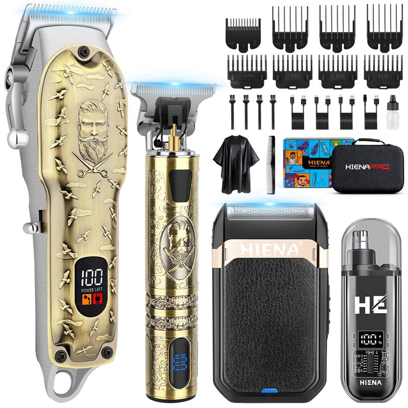 HIENA PRO Hair Clippers for Men Professional, Cordless Barber Clipper and T-Blade Beard/Hair Trimmer Set, Electric Razor Foil Shaver Nose Trimmer Barber Kit, Men's Hair Cutting Kit