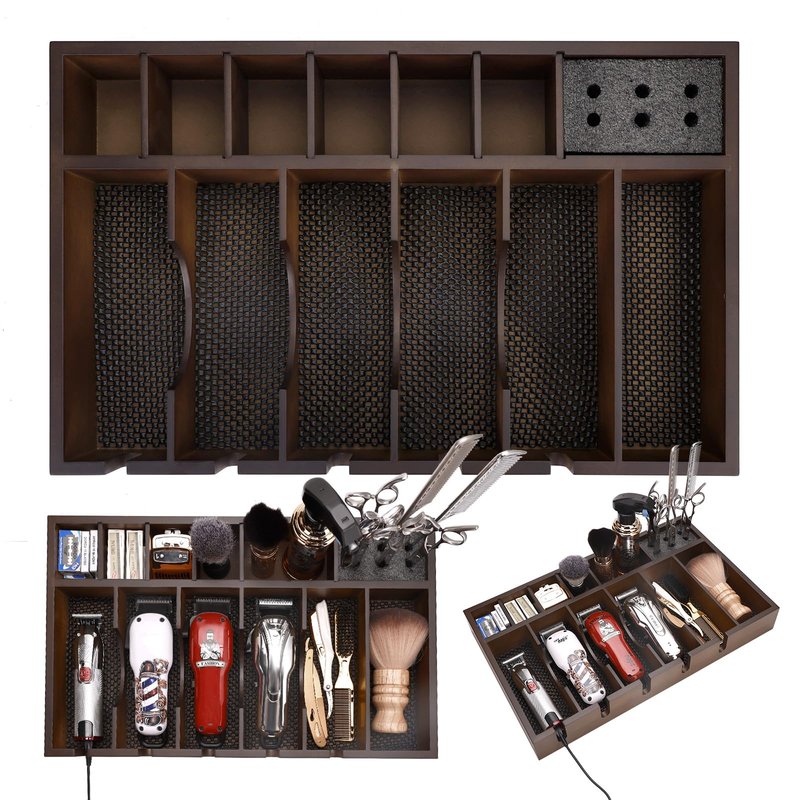 BARBERTOP Barber Organizer Station, Wooden Multi-Functional Barber Accessories Storage Tray, Adjustable Multi-Slot Hairdressing Tool Storage Station Suitable for Hair Salons, Home Use, and Pet Shops