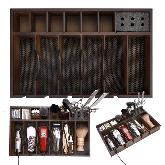 BARBERTOP Barber Organizer Station, Wooden Multi-Functional Barber Accessories Storage Tray, Adjustable Multi-Slot Hairdressing Tool Storage Station Suitable for Hair Salons, Home Use, and Pet Shops