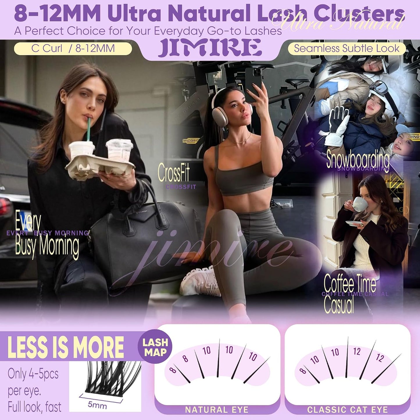 JIMIRE 8-12MM Wispy Cluster Eyelash Extensions - Soft DIY Individual Lashes | Natural C Curl, 120 Pcs