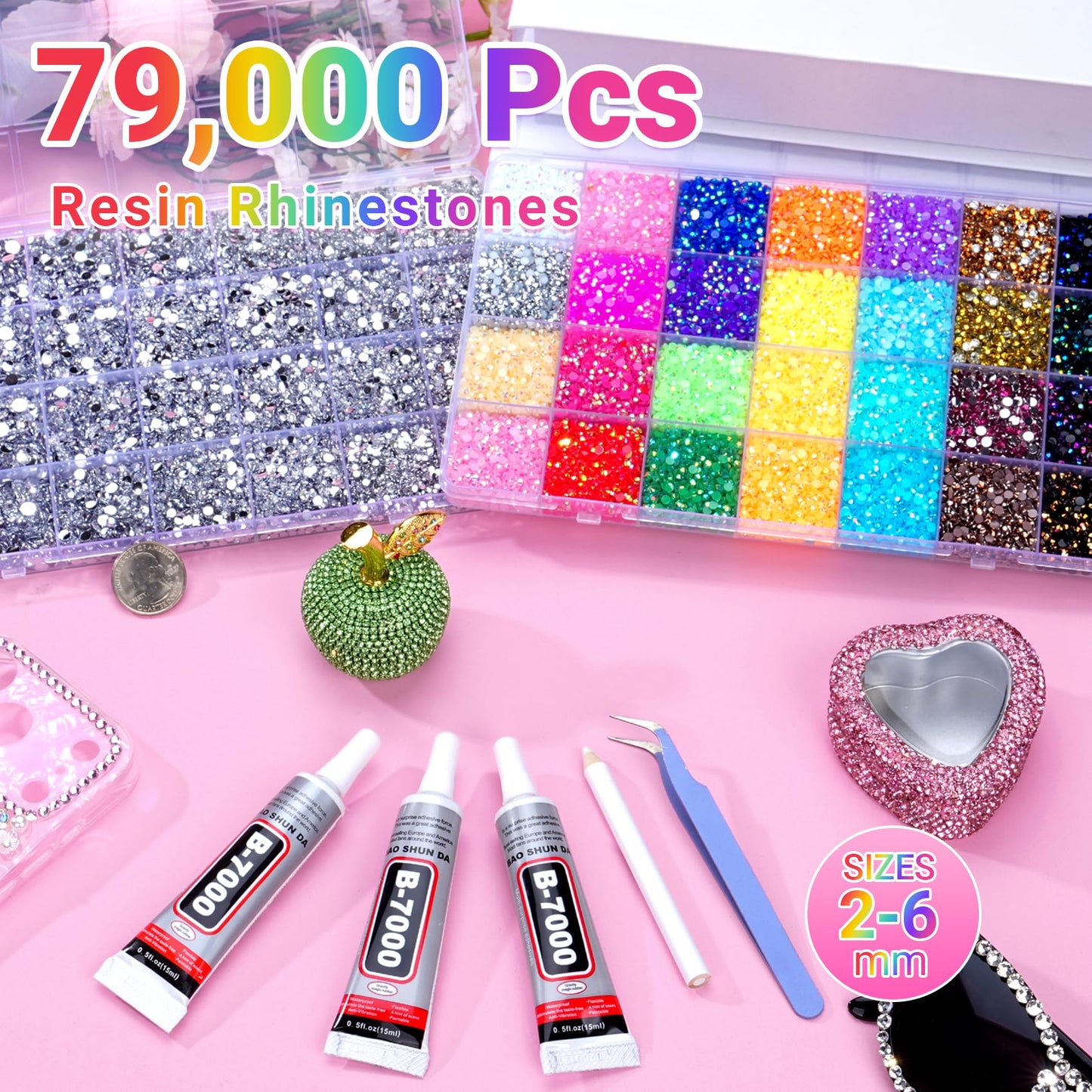 79000Pcs Jelly Rhinestones for Bedazzling, 2 Boxes Multicolor 3mm & Silver Clear 2/3/4/5/6mm Resin Flatback Gems for Crafting, Bedazzler Kit with 3Pcs 15ml B7000 Jewelry Glue for Crafts Clothes Book