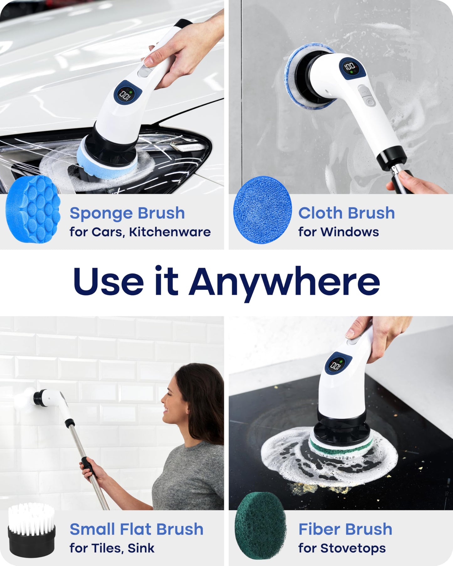 Cleanninja Electric Spin Scrubber for Cleaning, Adjustable Shower Brush with 7 Replaceable Heads & Power LED Display, 2 Speed Waterproof Cordless Shower Scrubber for Bathtub, Kitchen, Car, White