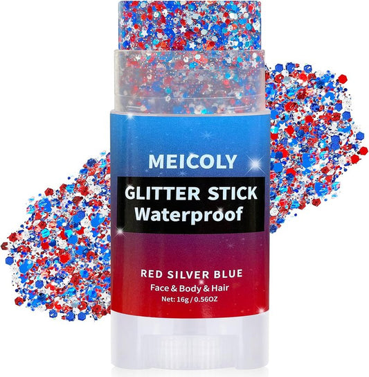 4th of July Hair Glitter Stick - Red, White & Blue Face Glitter for Patriotic Makeup | Independence Day Accessories
