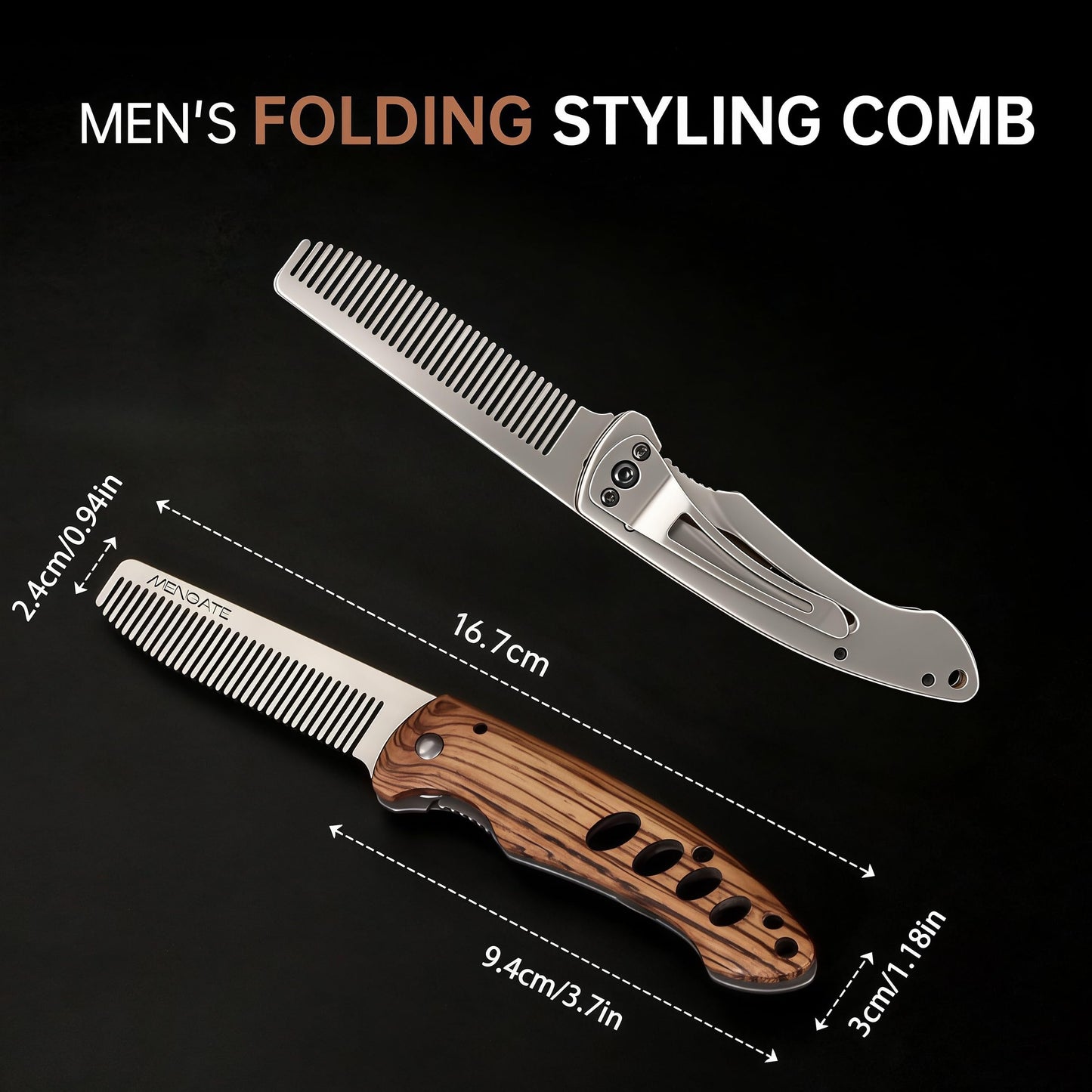 1PC Small Folding Pocket Beard & Mustache & Hair Styling Comb for Men - Metal Tactical Grooming Tool with Wooden Handle, with 180° Rotatable for Outdoor Travel & Home Use - Length 6.57inch