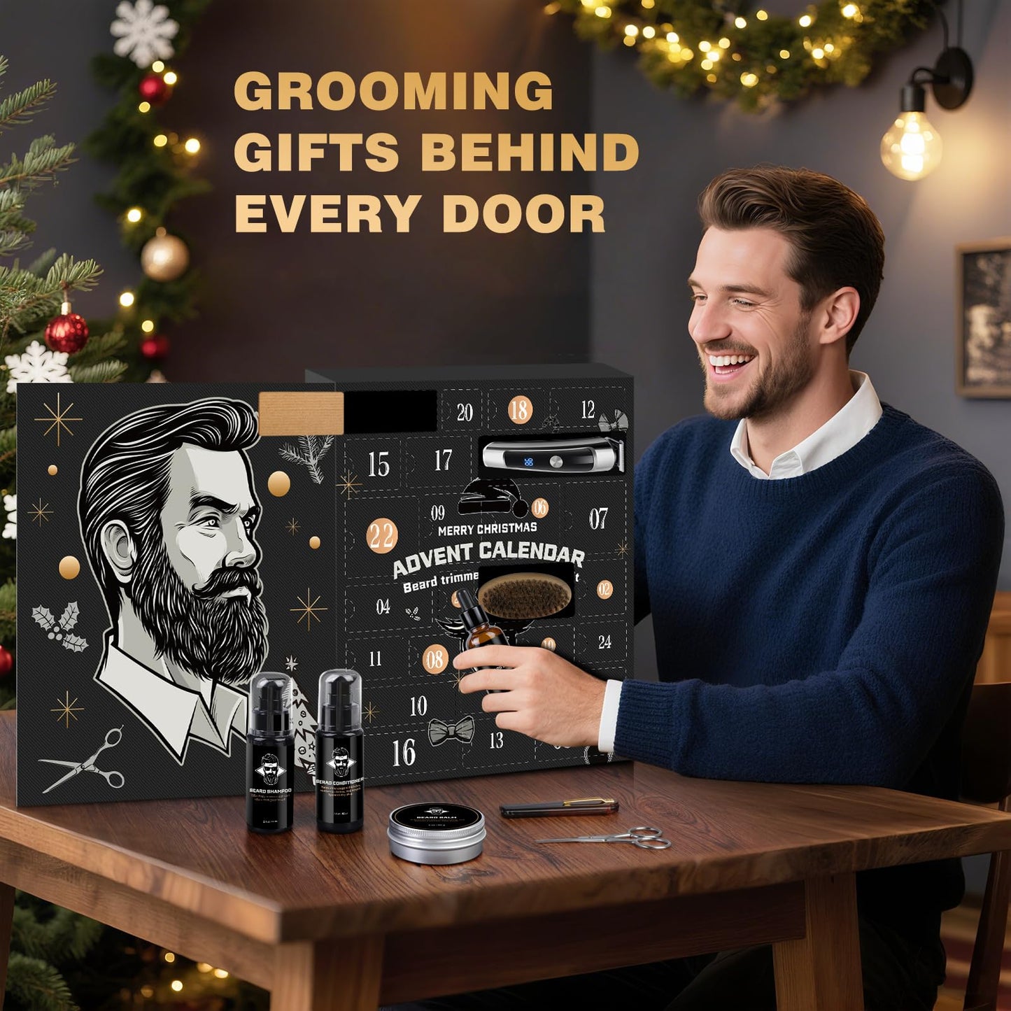 Hair & Beard Advent Beauty Calendar 2025 for Men Grooming Kit, 24 Days Christmas Countdown Calendar with Electric Trimmer Kit & Beard Care Kit for Men, Creative Gifts for Father Dad Husband Boyfriend