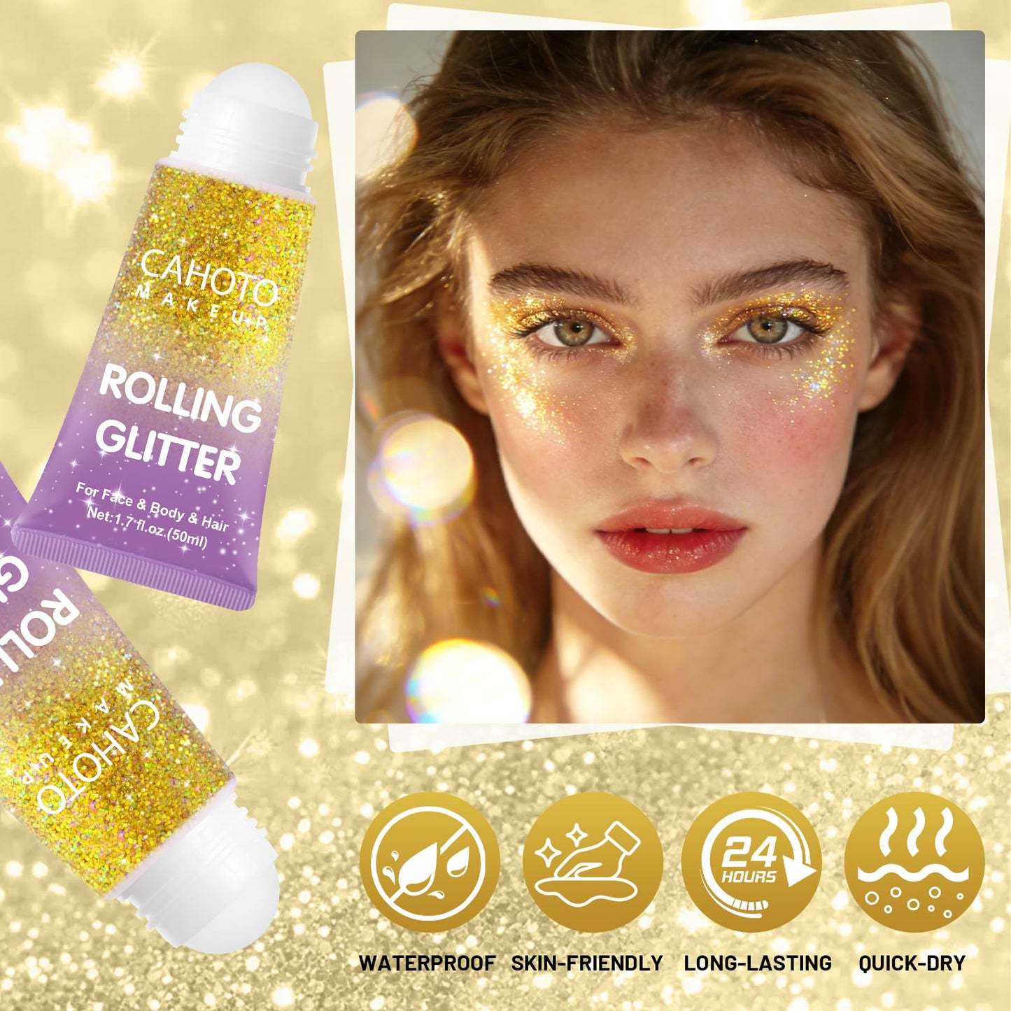 CAHOTO Gold Rolling Glitter, Shimmer Gel for Face Body & Hair, Sparkling Holographic Roll-on Sequins for Singer Concert Rave Festival Halloween Party Carnival, 1.7 fl.oz.