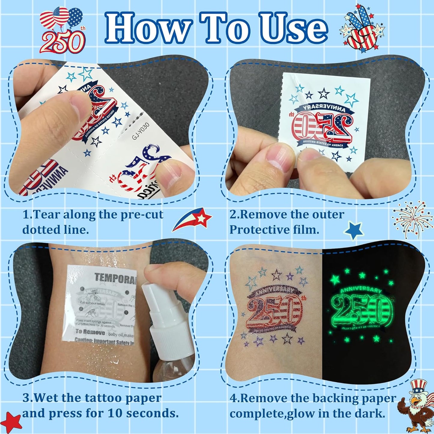108PCS 4th of July Temporary Tattoos - Glow in the Dark USA Party Favors | Red, White & Blue Independence Day Decorations