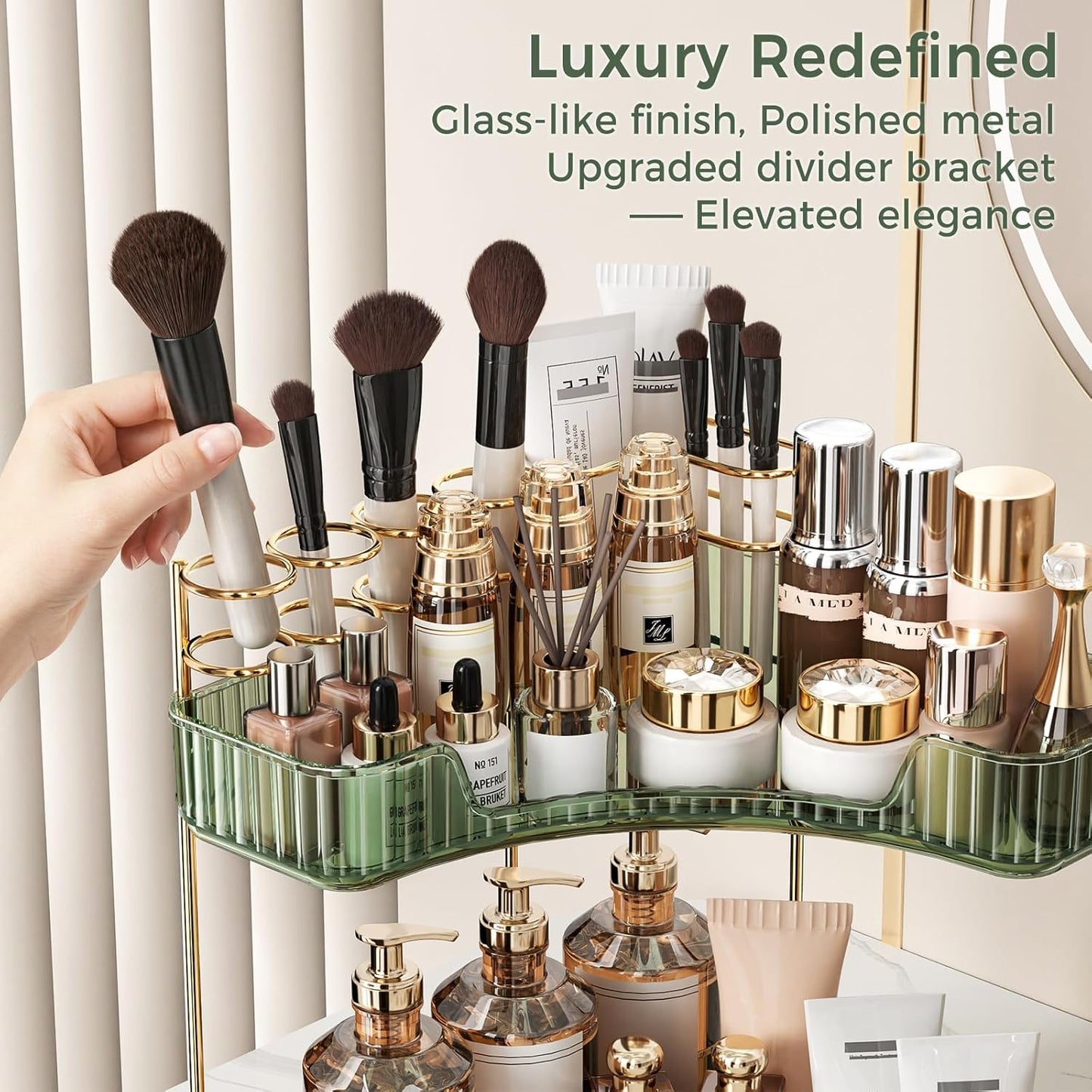 Corner Bathroom Counter Organizer - 2-Tier Makeup & Skincare Storage with Brush Holder | Green